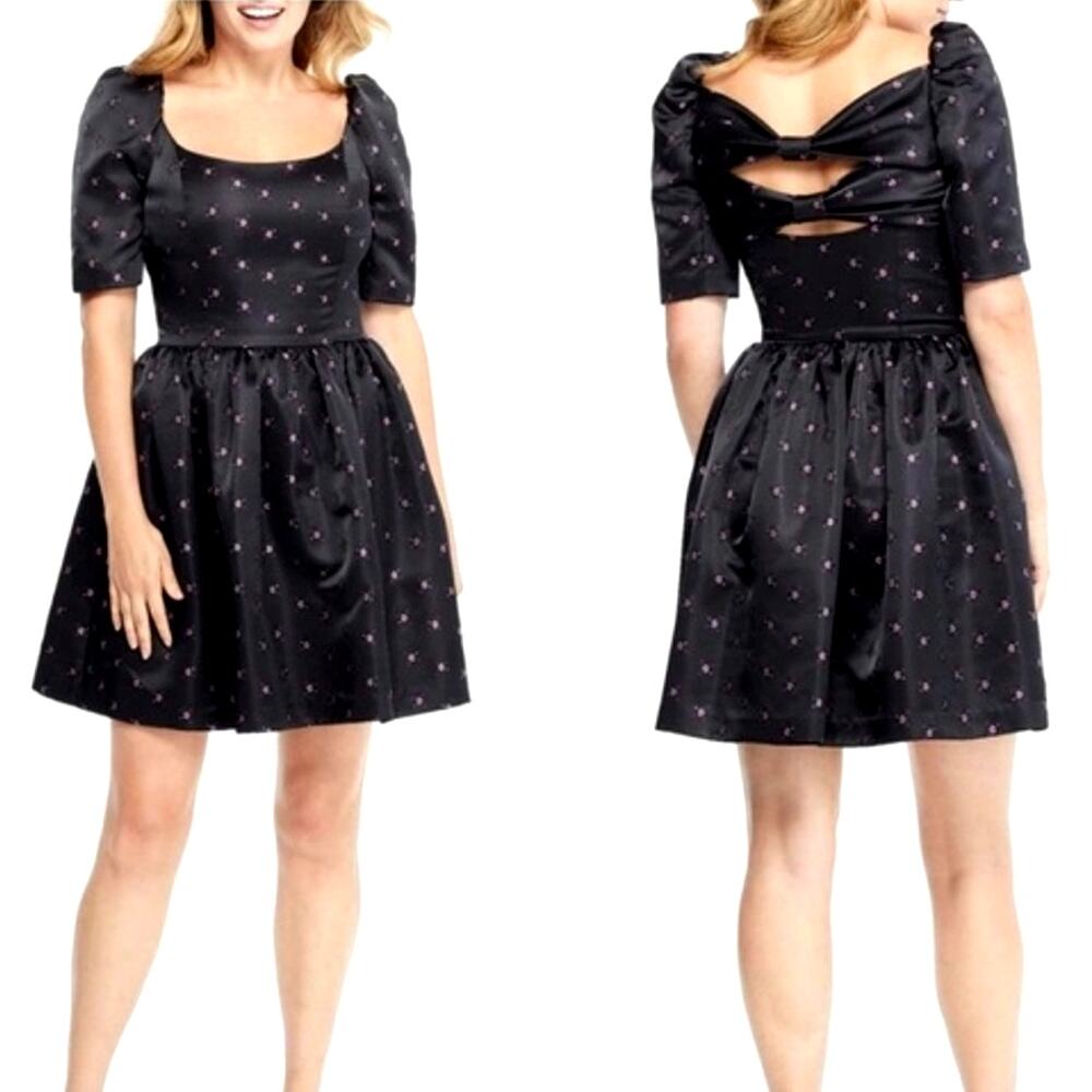 NWT Gal Meets Glam Black Jacquard Daisy Satin Back Bows Mini Cocktail Dress 4